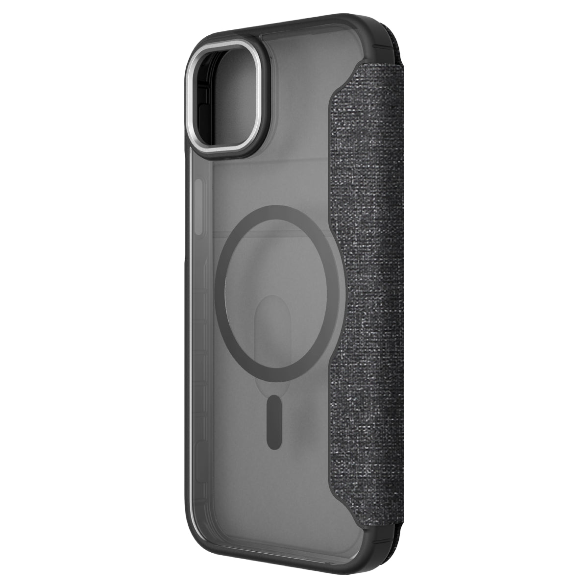 Hybrid Fold + Snap - Apple iPhone 14, iPhone 13 Wallet Case MagSafe Compatible - Clear Black, Angled Rear View Transparent Back Without Phone