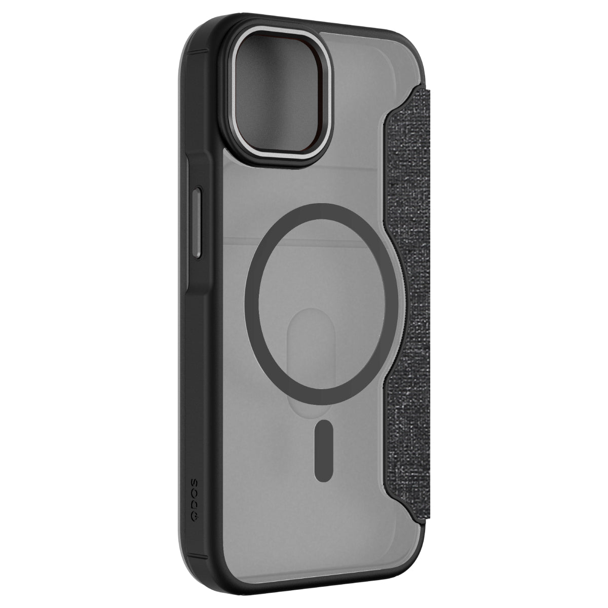 Hybrid Fold + Snap - Apple iPhone 14, iPhone 13 Wallet Case MagSafe Compatible - Clear Black, Angled Rear View Transparent Back Without Phone