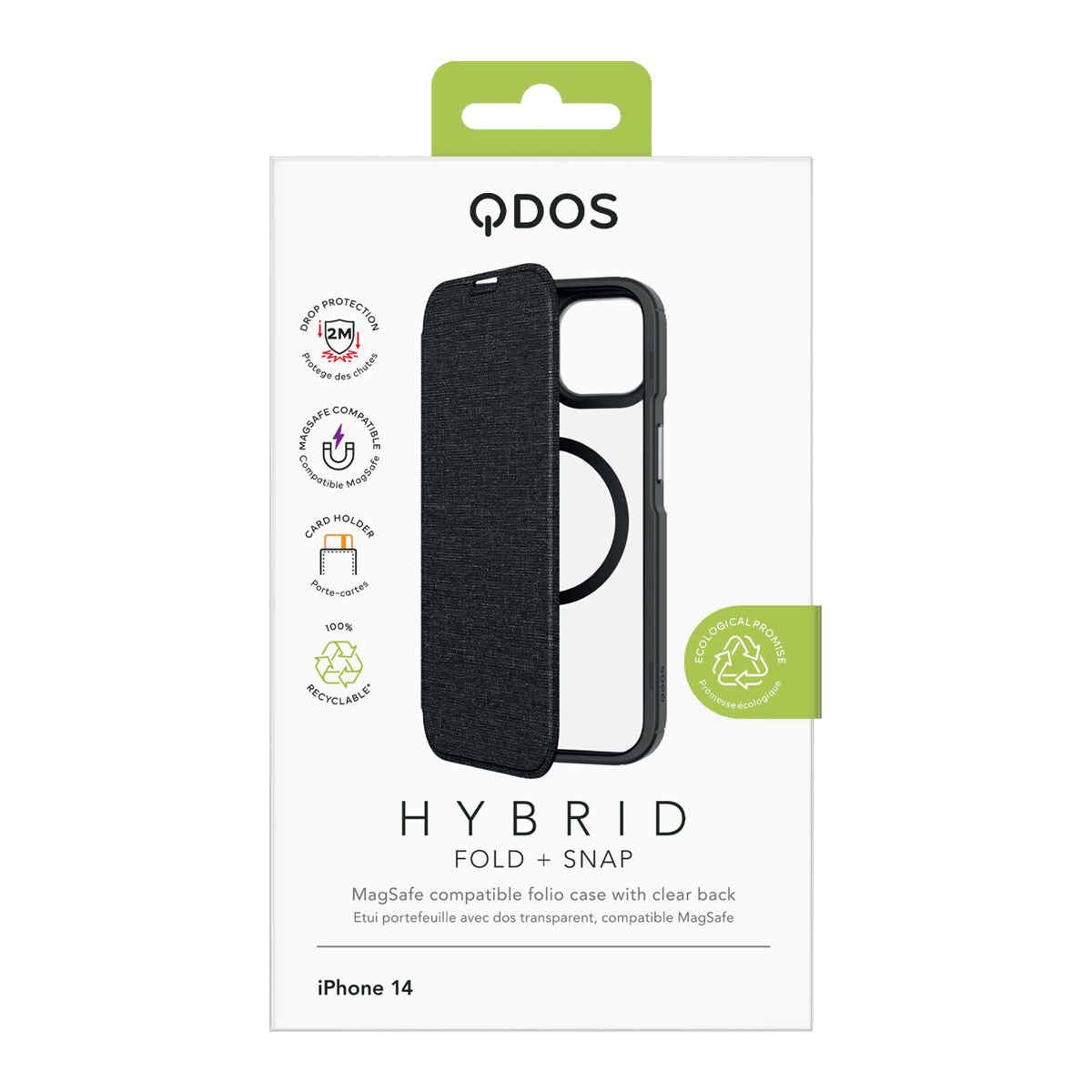 Hybrid Fold + Snap - Apple iPhone 14, iPhone 13 Wallet Case MagSafe Compatible - Clear Black, showcasing product packaging in white