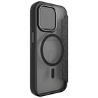 Hybrid Fold + Snap - Apple iPhone 14 Pro Wallet Case MagSafe Compatible - Clear Black, Angled Rear View Frosted  Back Without Phone