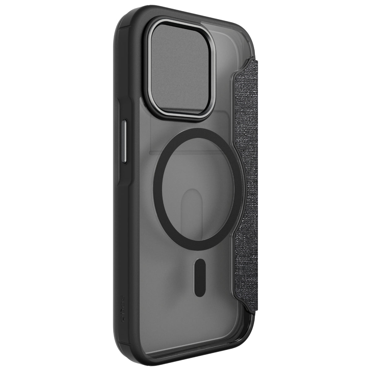 Hybrid Fold + Snap - Apple iPhone 14 Pro Wallet Case MagSafe Compatible - Clear Black, Angled Rear View Frosted  Back Without Phone