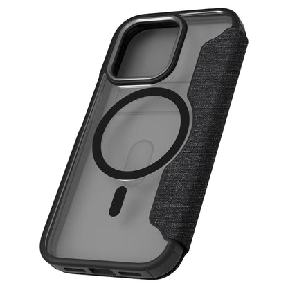 Hybrid Fold + Snap - Apple iPhone 14 Pro Wallet Case MagSafe Compatible - Clear Black, Angled Rear View Frosted  Back Without Phone