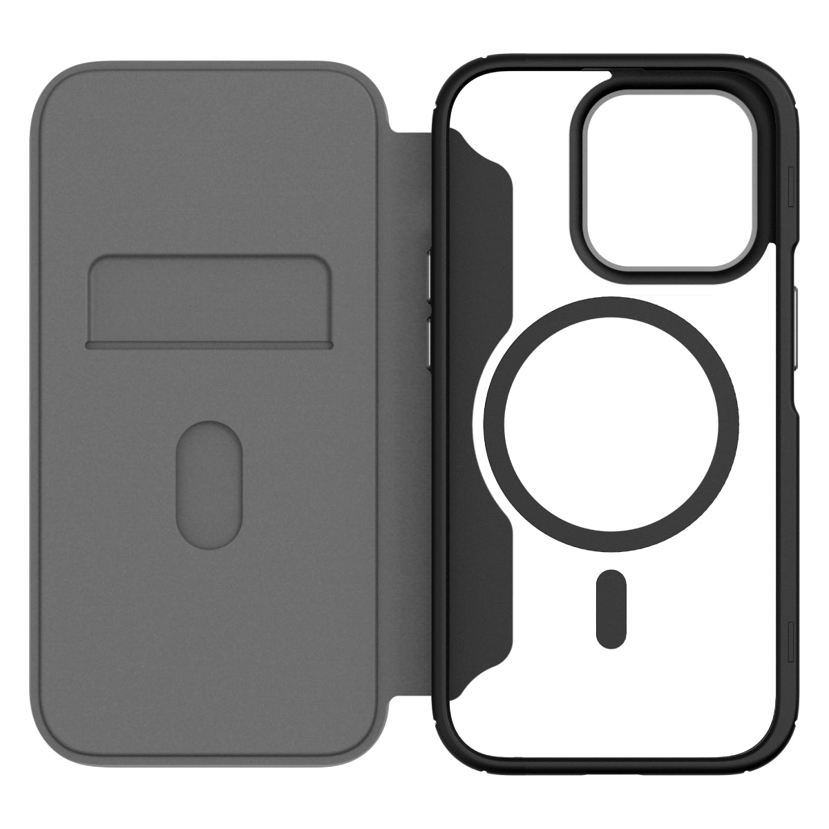 Hybrid Fold + Snap - Apple iPhone 14 Pro Wallet Case MagSafe Compatible - Clear Black, Front View without phone and front cover fully opened