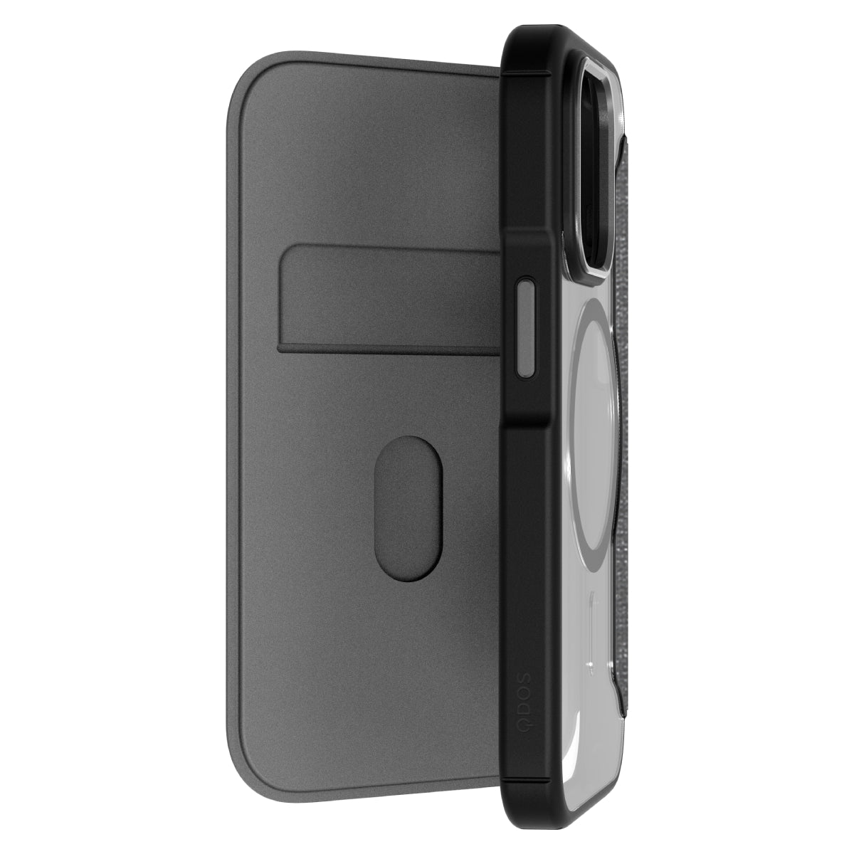 Hybrid Fold + Snap - Apple iPhone 14 Pro Wallet Case MagSafe Compatible - Clear Black, Angled Rear View Frosted  Back Without Phone and the front cover half opened
