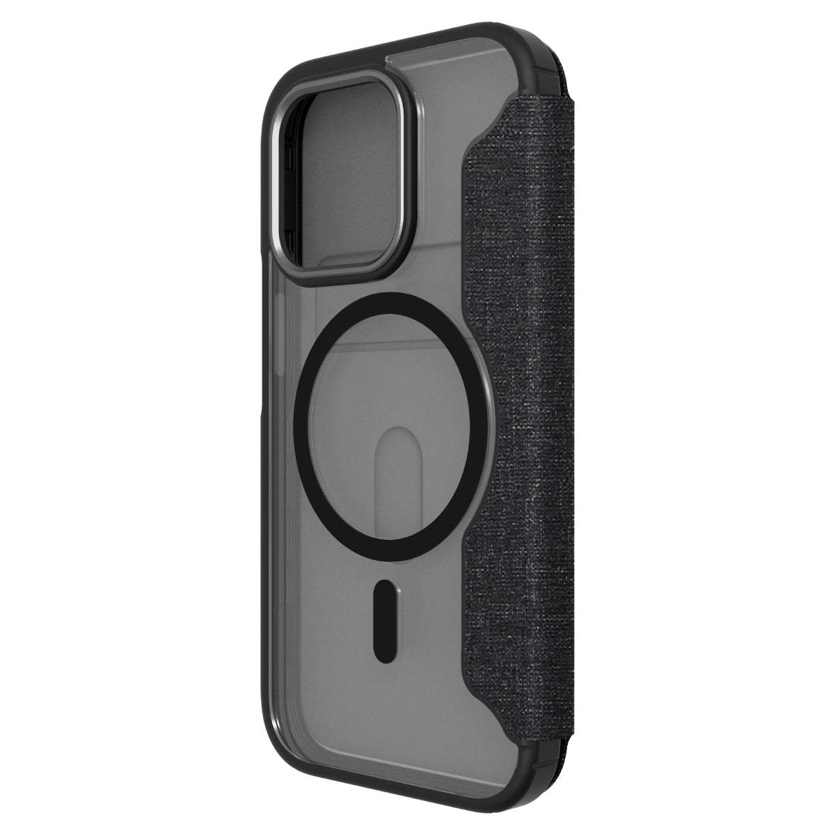 Hybrid Fold + Snap - Apple iPhone 14 Pro Wallet Case MagSafe Compatible - Clear Black, Angled Rear View Frosted  Back Without Phone