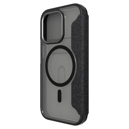 Hybrid Fold + Snap - Apple iPhone 14 Pro Wallet Case MagSafe Compatible - Clear Black, Angled Rear View Frosted  Back Without Phone